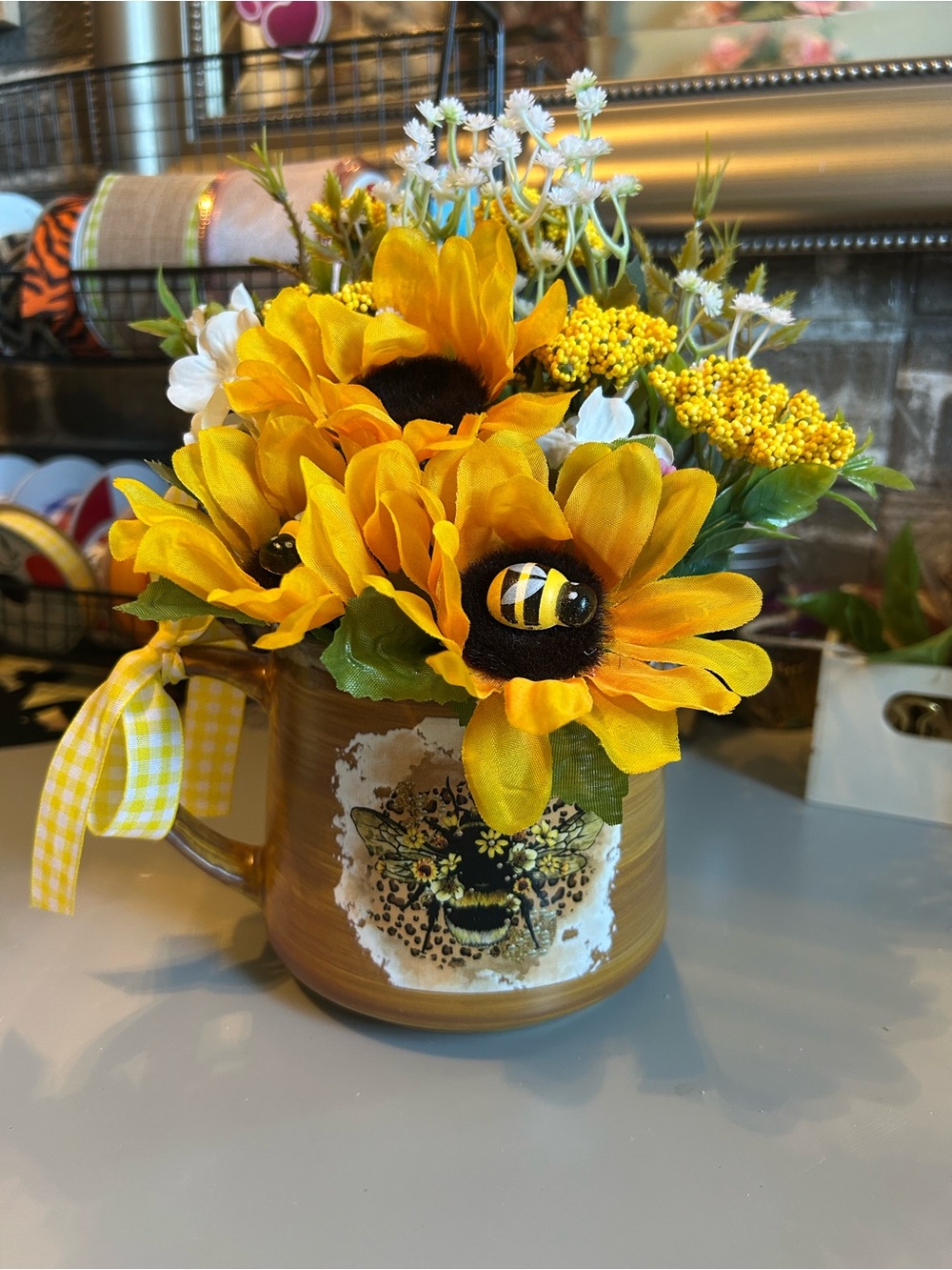 Hand Crafted Yellow Sunflower Bee Mug Arrangement